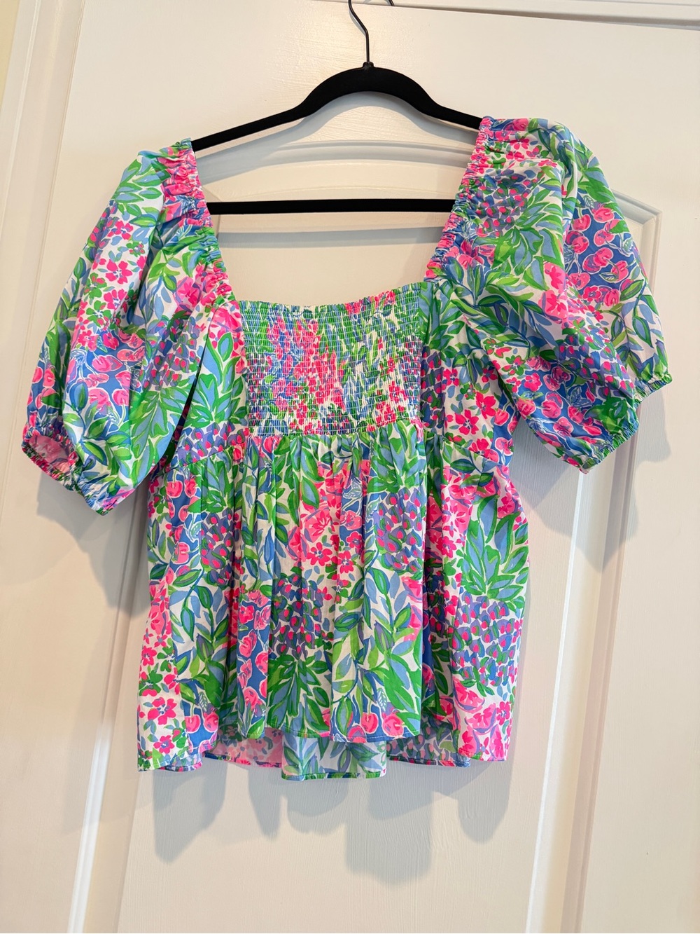 Lilly Pulitzer Pink, Green & Blue Floral Puff-Sleeve Peplum Top - Picture 2 of 3